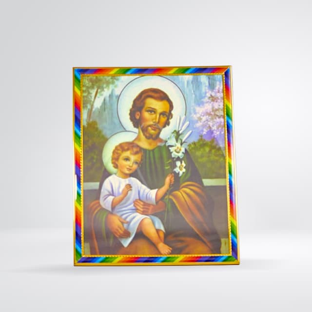 Tableau Saint Joseph et Enfant Jésus (cadre arc-en-ciel doré)
