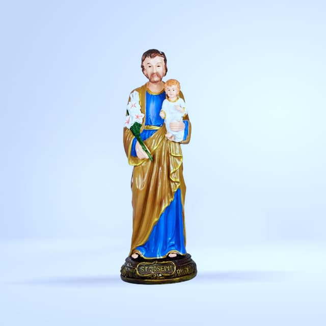 Statue Saint Joseph avec Enfant Jésus (robe bleue - or)