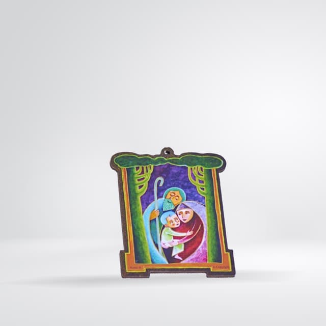 Icône Sainte Famille colorée (rideaux verts, style naïf)