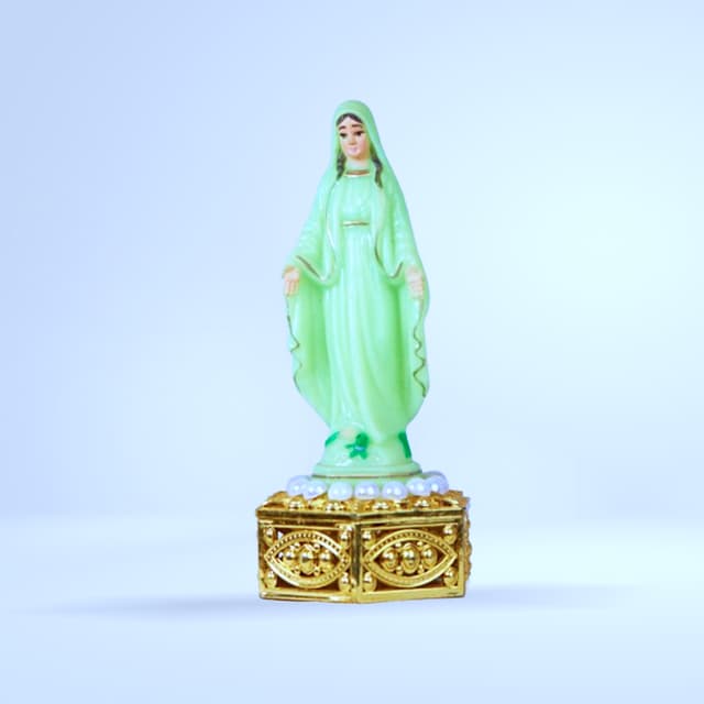 Statuette Vierge Miraculeuse verte fluo sur socle doré