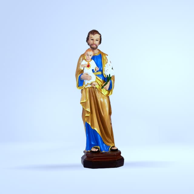 Statue Saint Joseph avec Enfant Jésus (doré/bleu, lys)