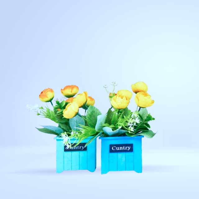 Duo pots de fleurs bois bleu - turquoise "Country" (roses jaunes)
