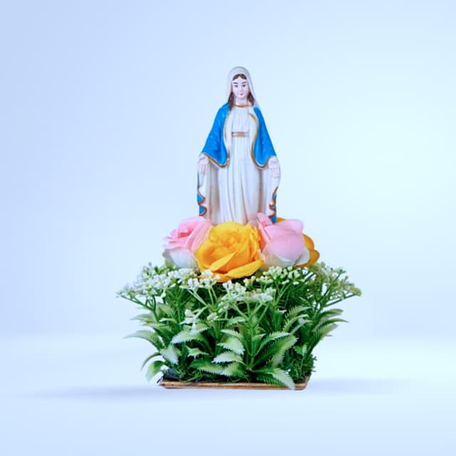 Statuette Vierge Miraculeuse sur socle fleuri