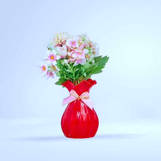 Bouquet fleurs blanc/rose en vase rouge (ruban rose)